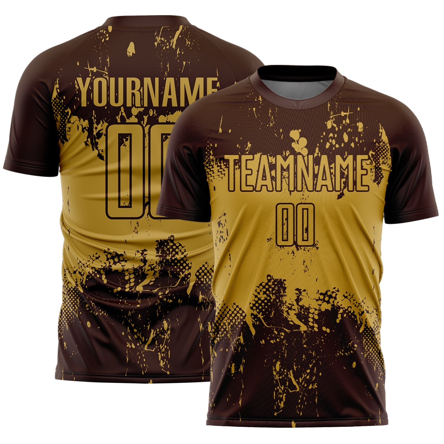 Custom Brown Old Gold Abstract Splatter Grunge Art Sports Sublimation Soccer Uniform Jersey - Main View