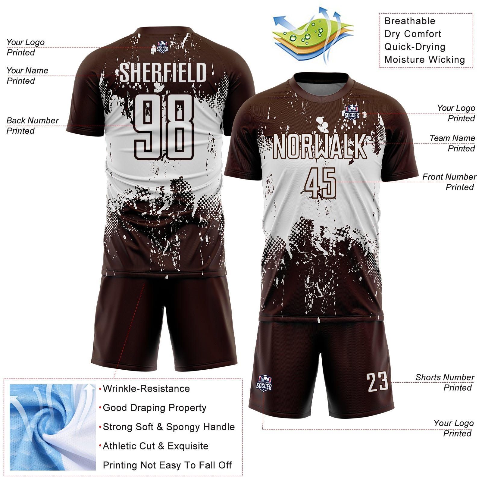 Custom Brown White Abstract Splatter Grunge Art Sports Sublimation Soccer Uniform Jersey view 4