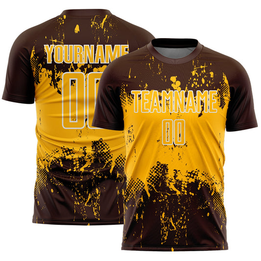 Custom Brown Gold-White Abstract Splatter Grunge Art Sports Sublimation Soccer Uniform Jersey - Main View