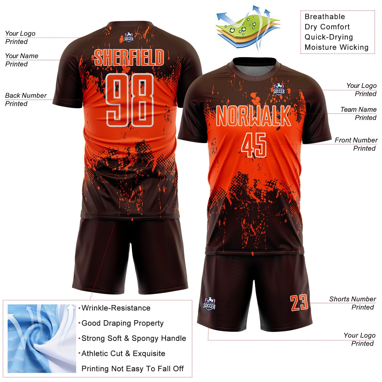 Custom Brown Orange-White Abstract Splatter Grunge Art Sports Sublimation Soccer Uniform Jersey view 4