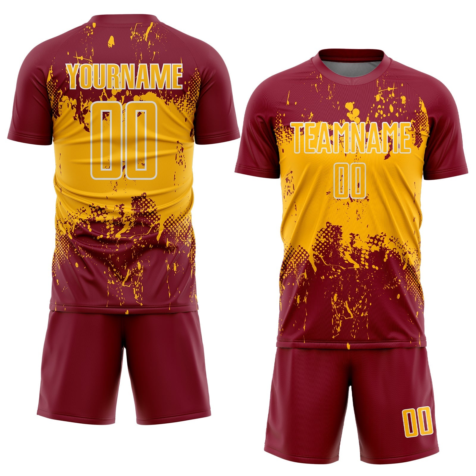 Custom Crimson Gold-White Abstract Splatter Grunge Art Sports Sublimation Soccer Uniform Jersey view 2