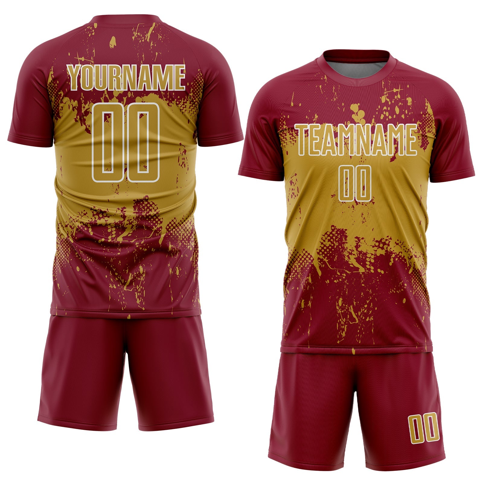 Custom Crimson Old Gold-White Abstract Splatter Grunge Art Sports Sublimation Soccer Uniform Jersey view 2