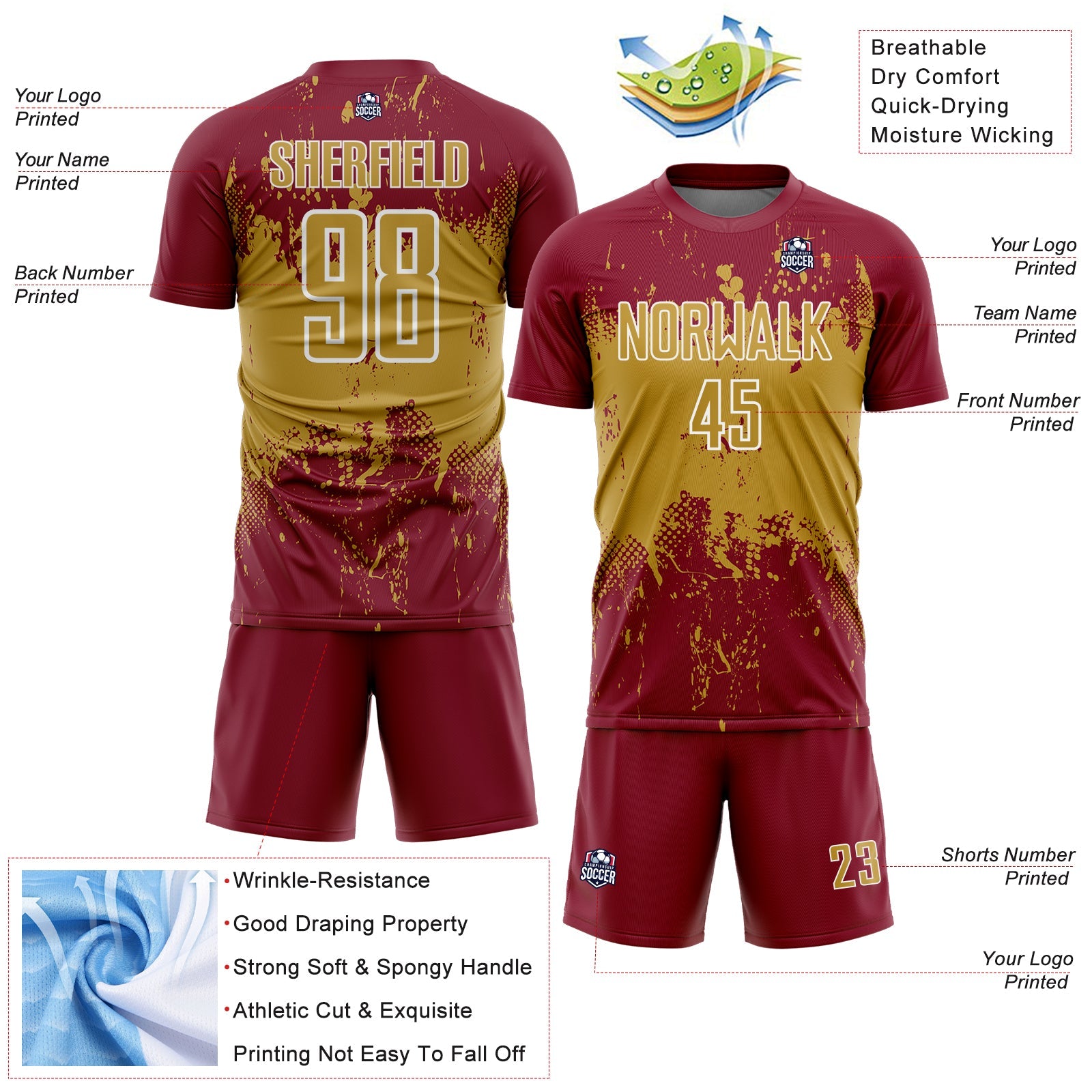 Custom Crimson Old Gold-White Abstract Splatter Grunge Art Sports Sublimation Soccer Uniform Jersey view 4