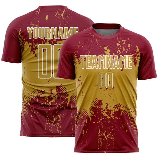 Custom Crimson Old Gold-White Abstract Splatter Grunge Art Sports Sublimation Soccer Uniform Jersey - Main View