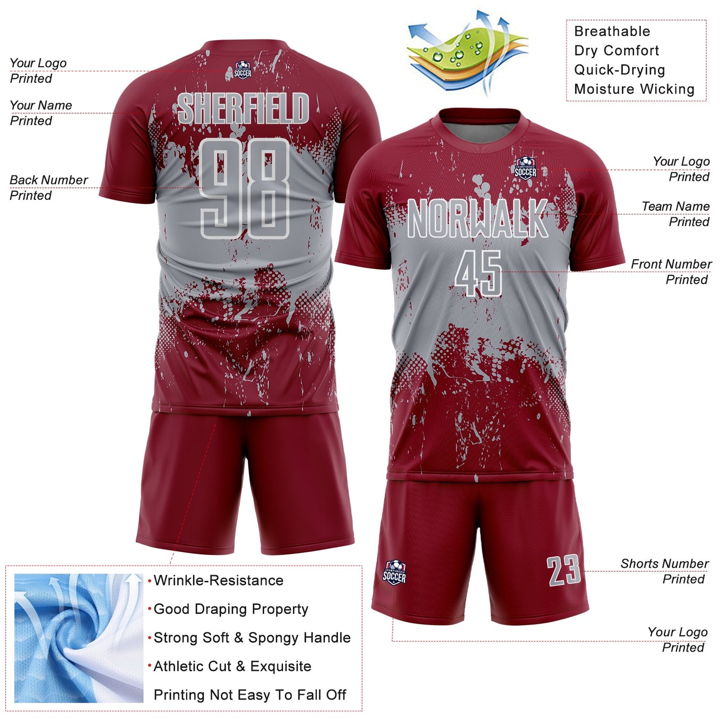 Custom Crimson Gray-White Abstract Splatter Grunge Art Sports Sublimation Soccer Uniform Jersey view 4