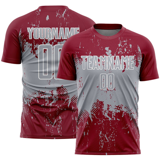 Custom Crimson Gray-White Abstract Splatter Grunge Art Sports Sublimation Soccer Uniform Jersey - Main View