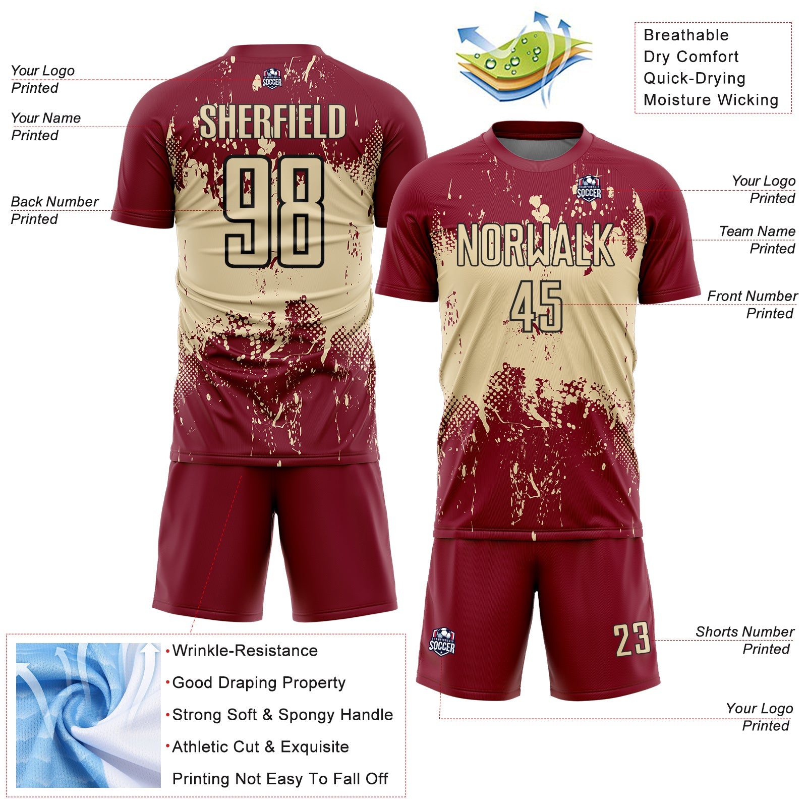 Custom Crimson Cream-Black Abstract Splatter Grunge Art Sports Sublimation Soccer Uniform Jersey view 4