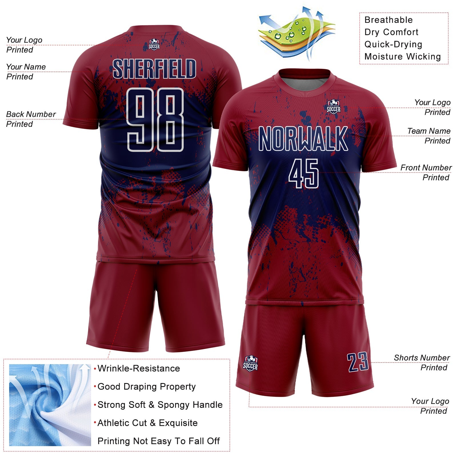 Custom Crimson Navy-White Abstract Splatter Grunge Art Sports Sublimation Soccer Uniform Jersey view 4
