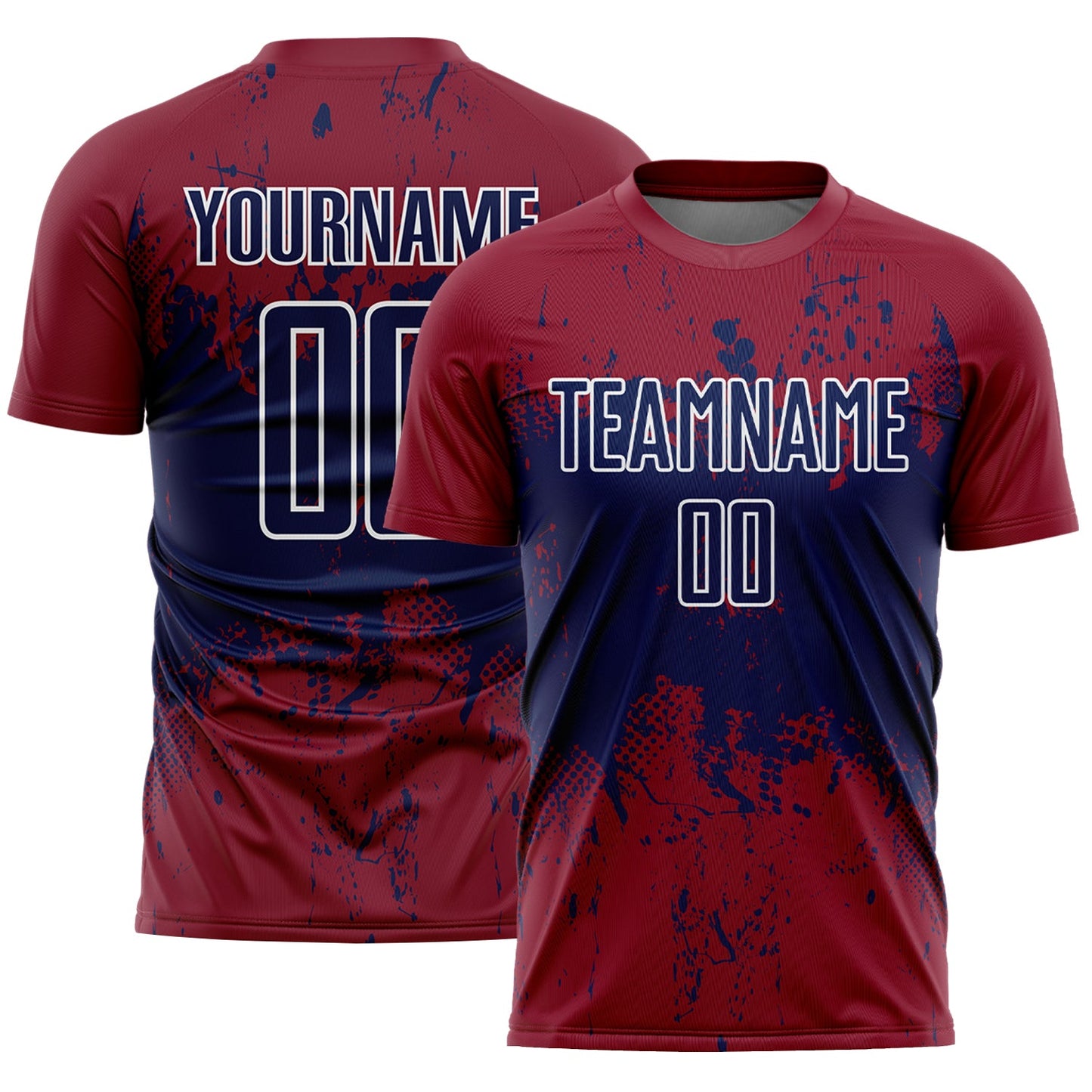 Custom Crimson Navy-White Abstract Splatter Grunge Art Sports Sublimation Soccer Uniform Jersey - Main View
