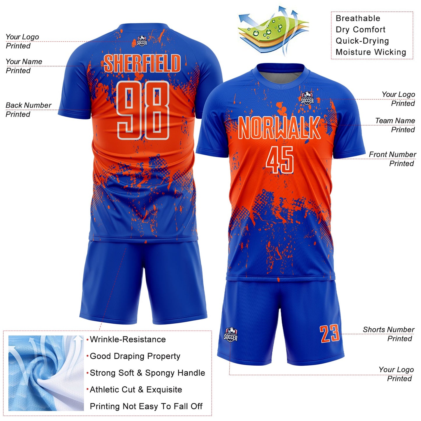 Custom Thunder Blue Orange-White Abstract Splatter Grunge Art Sports Sublimation Soccer Uniform Jersey view 4