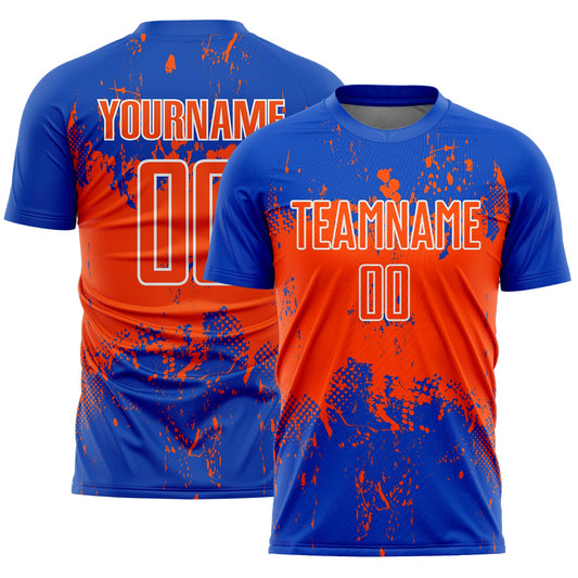Custom Thunder Blue Orange-White Abstract Splatter Grunge Art Sports Sublimation Soccer Uniform Jersey - Main View