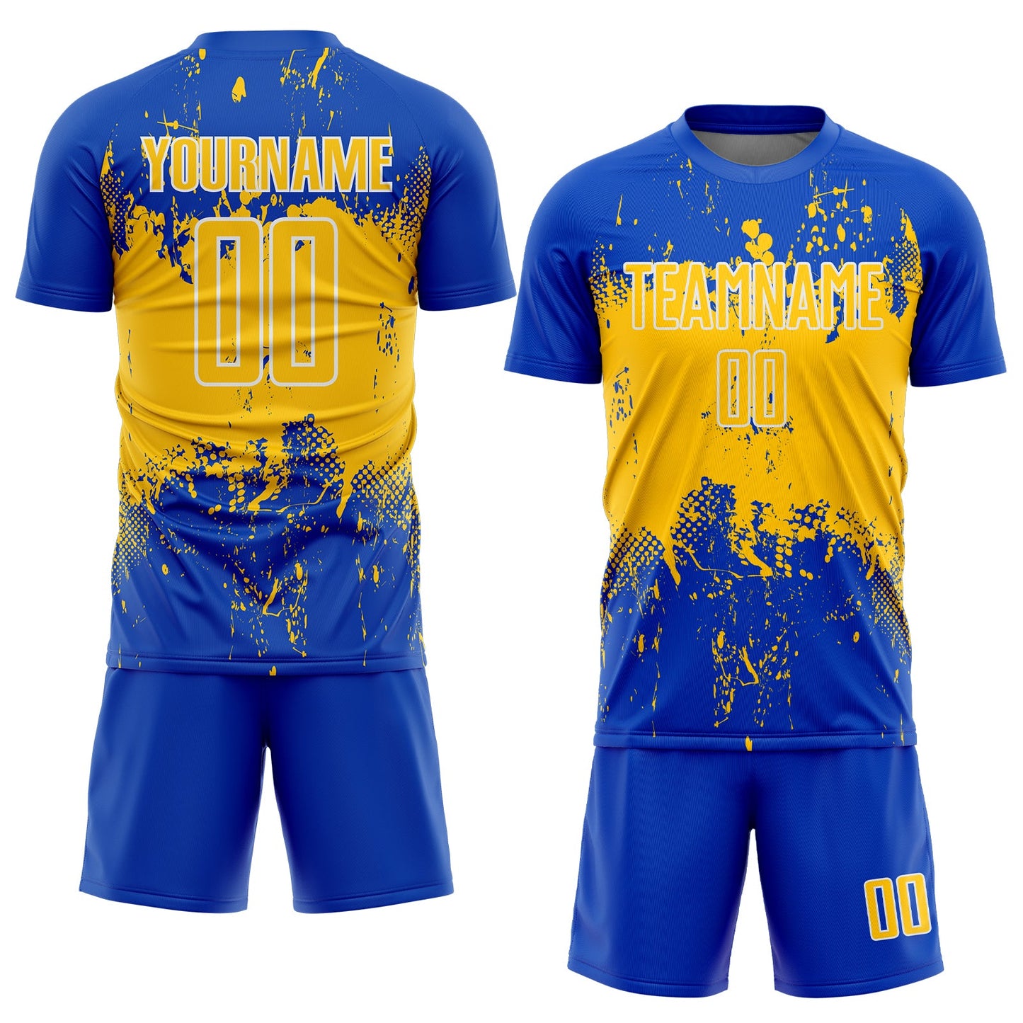 Custom Thunder Blue Yellow-White Abstract Splatter Grunge Art Sports Sublimation Soccer Uniform Jersey view 2