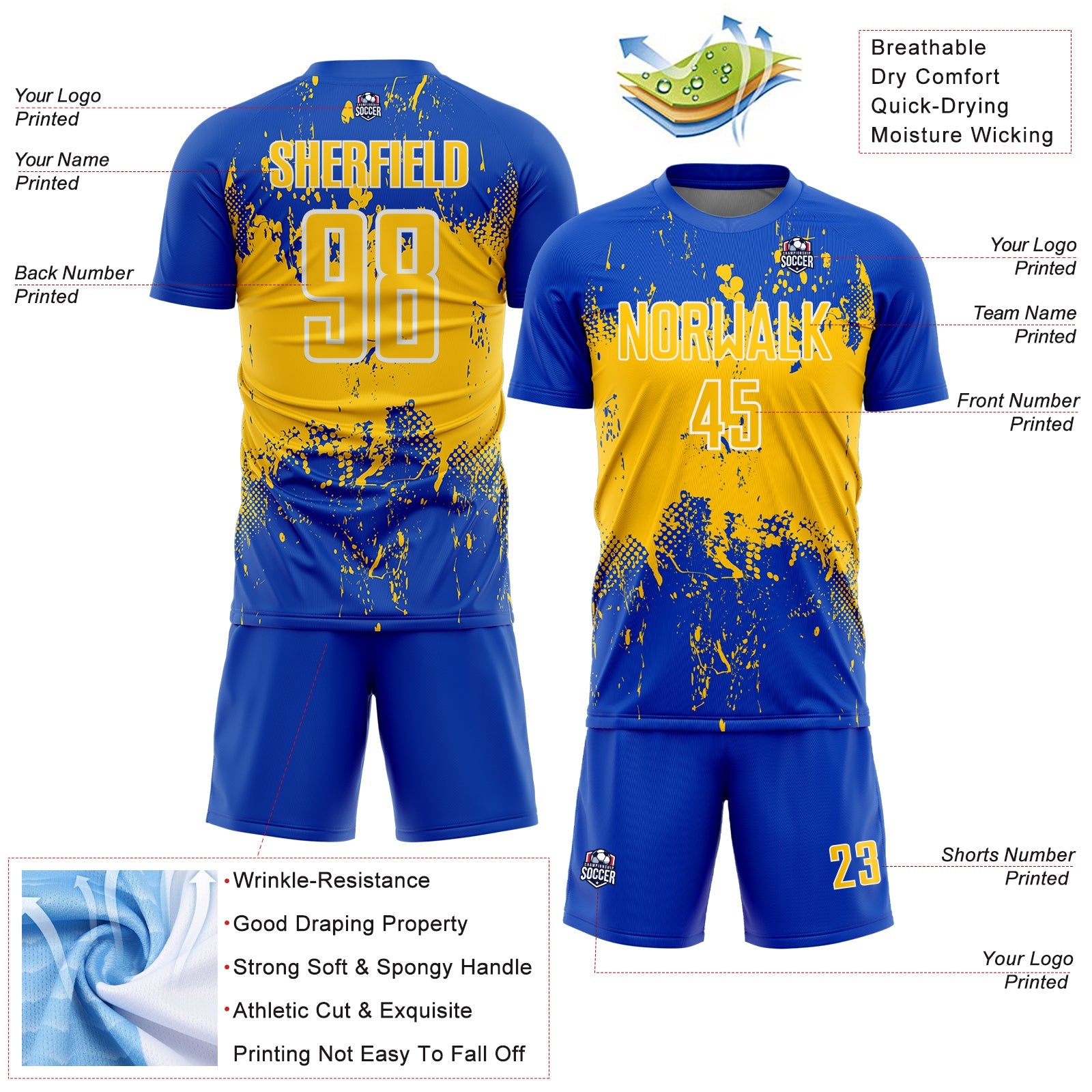 Custom Thunder Blue Yellow-White Abstract Splatter Grunge Art Sports Sublimation Soccer Uniform Jersey view 4