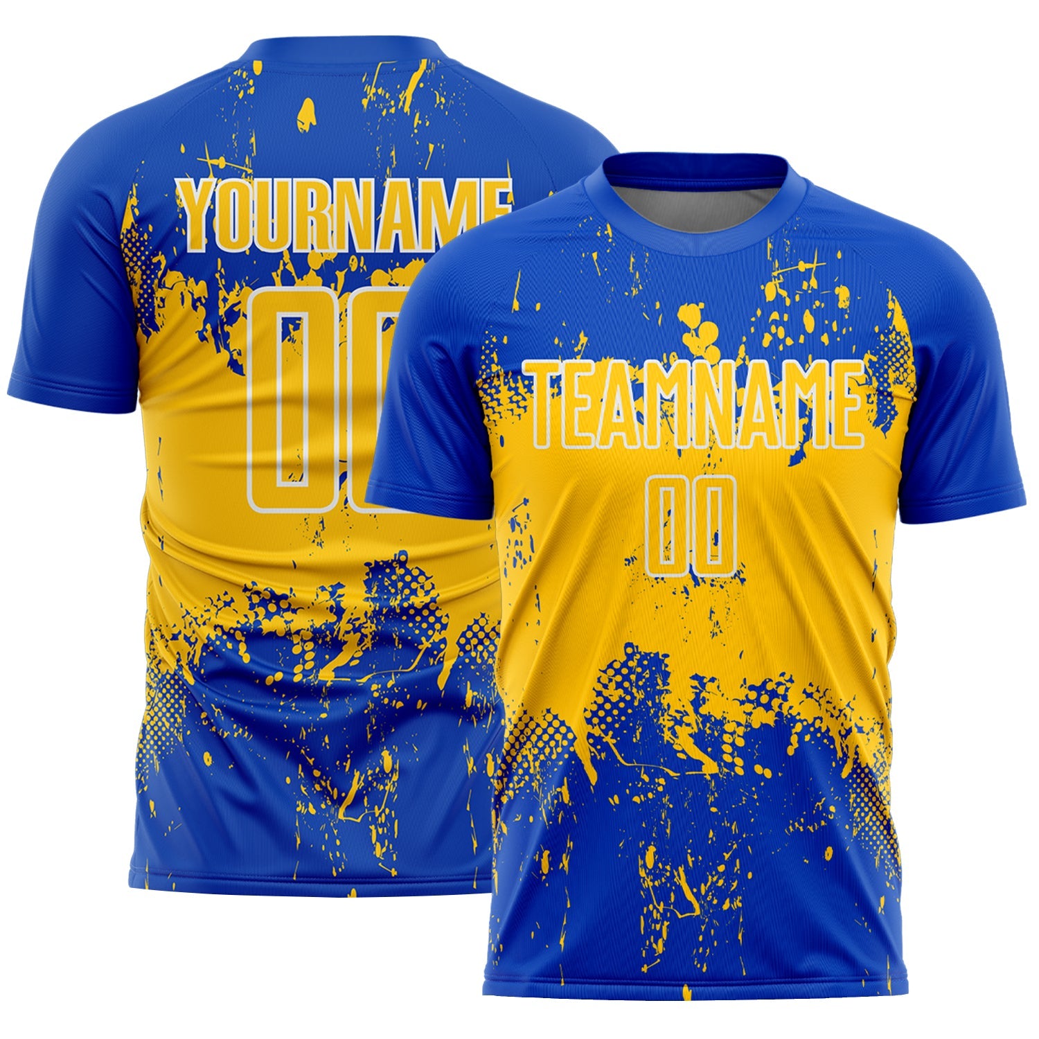 Custom Thunder Blue Yellow-White Abstract Splatter Grunge Art Sports Sublimation Soccer Uniform Jersey - Main View
