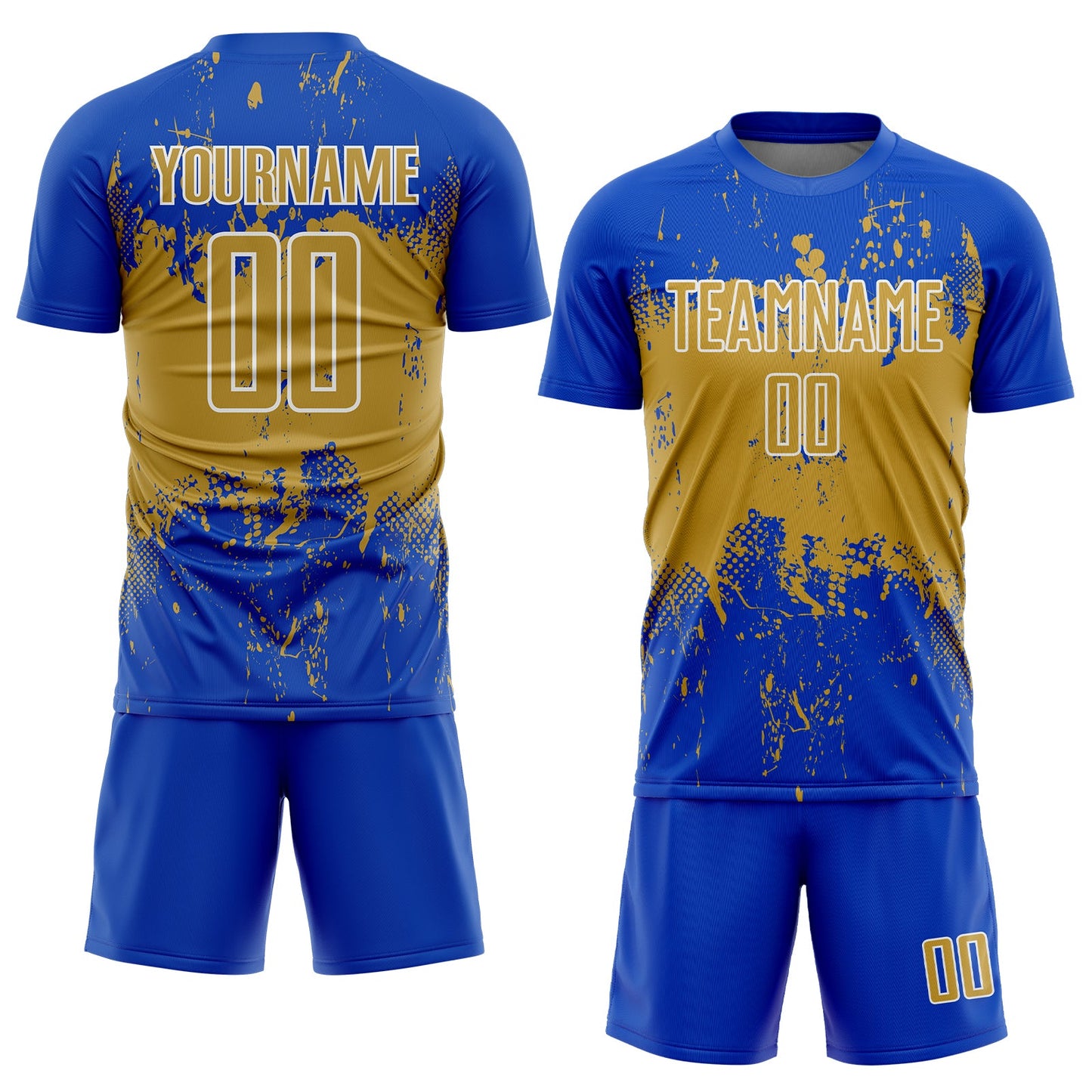 Custom Thunder Blue Old Gold-White Abstract Splatter Grunge Art Sports Sublimation Soccer Uniform Jersey view 2