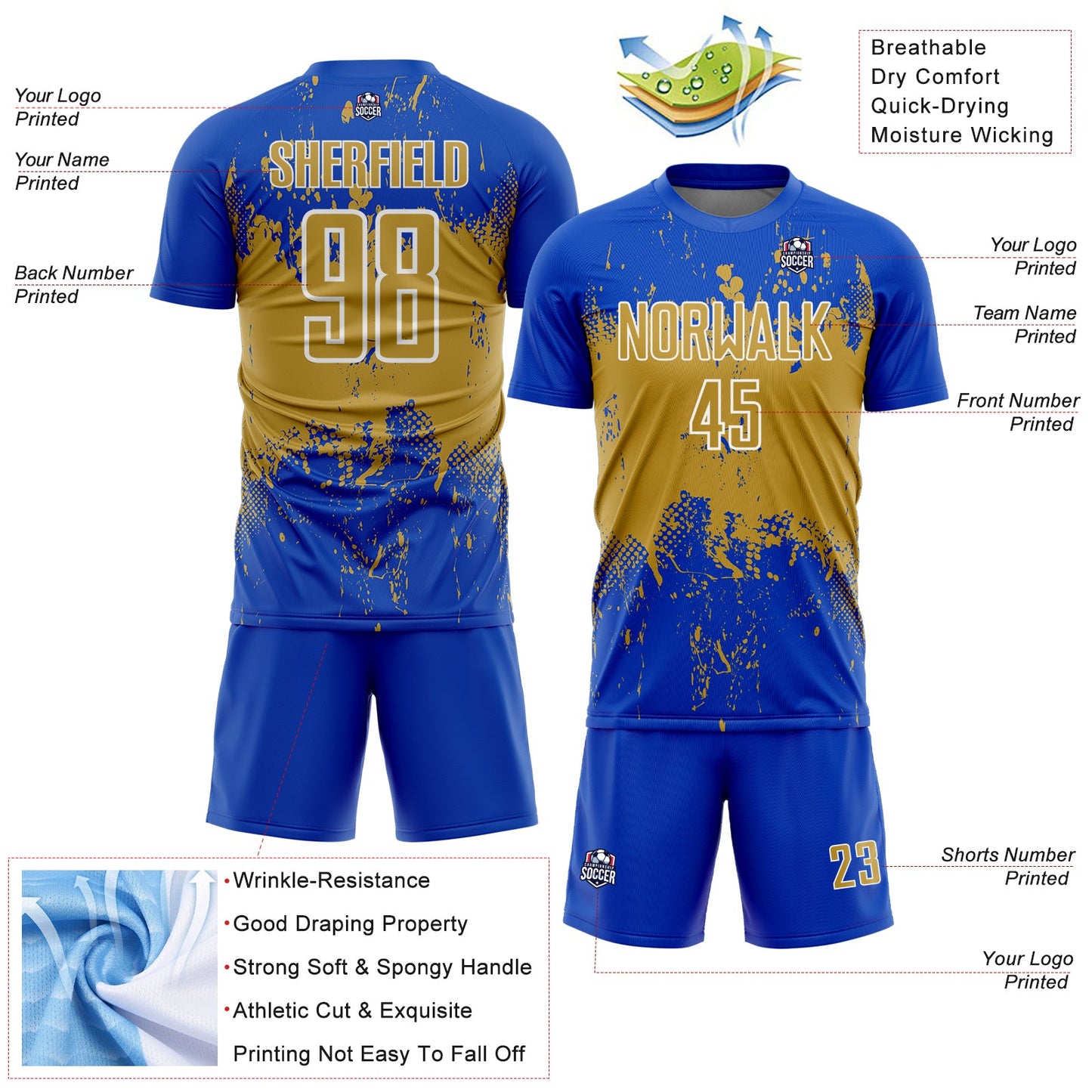 Custom Thunder Blue Old Gold-White Abstract Splatter Grunge Art Sports Sublimation Soccer Uniform Jersey view 4