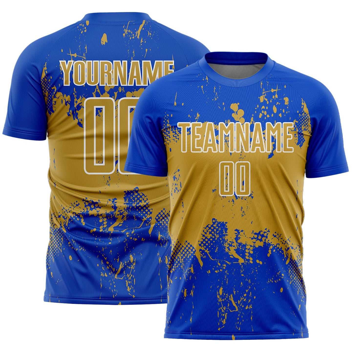 Custom Thunder Blue Old Gold-White Abstract Splatter Grunge Art Sports Sublimation Soccer Uniform Jersey - Main View