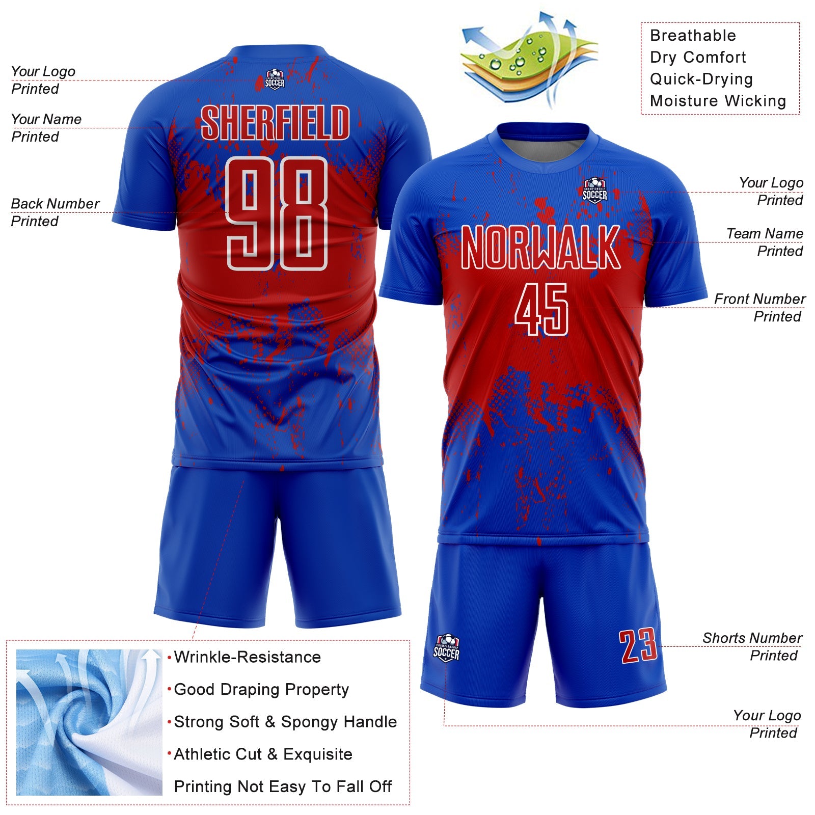 Custom Thunder Blue Red-White Abstract Splatter Grunge Art Sports Sublimation Soccer Uniform Jersey view 4
