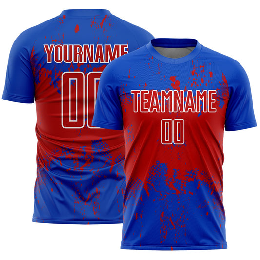 Custom Thunder Blue Red-White Abstract Splatter Grunge Art Sports Sublimation Soccer Uniform Jersey - Main View