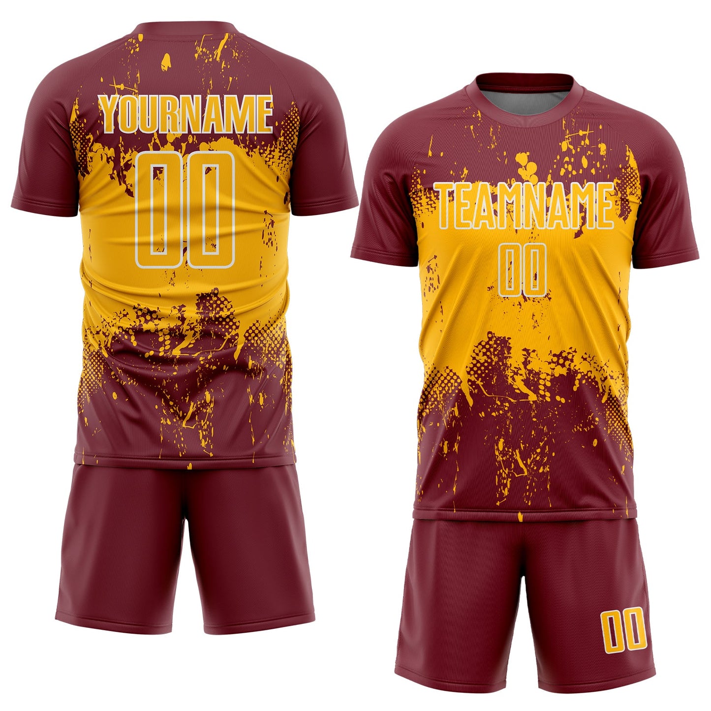 Custom Burgundy Gold-White Abstract Splatter Grunge Art Sports Sublimation Soccer Uniform Jersey view 2