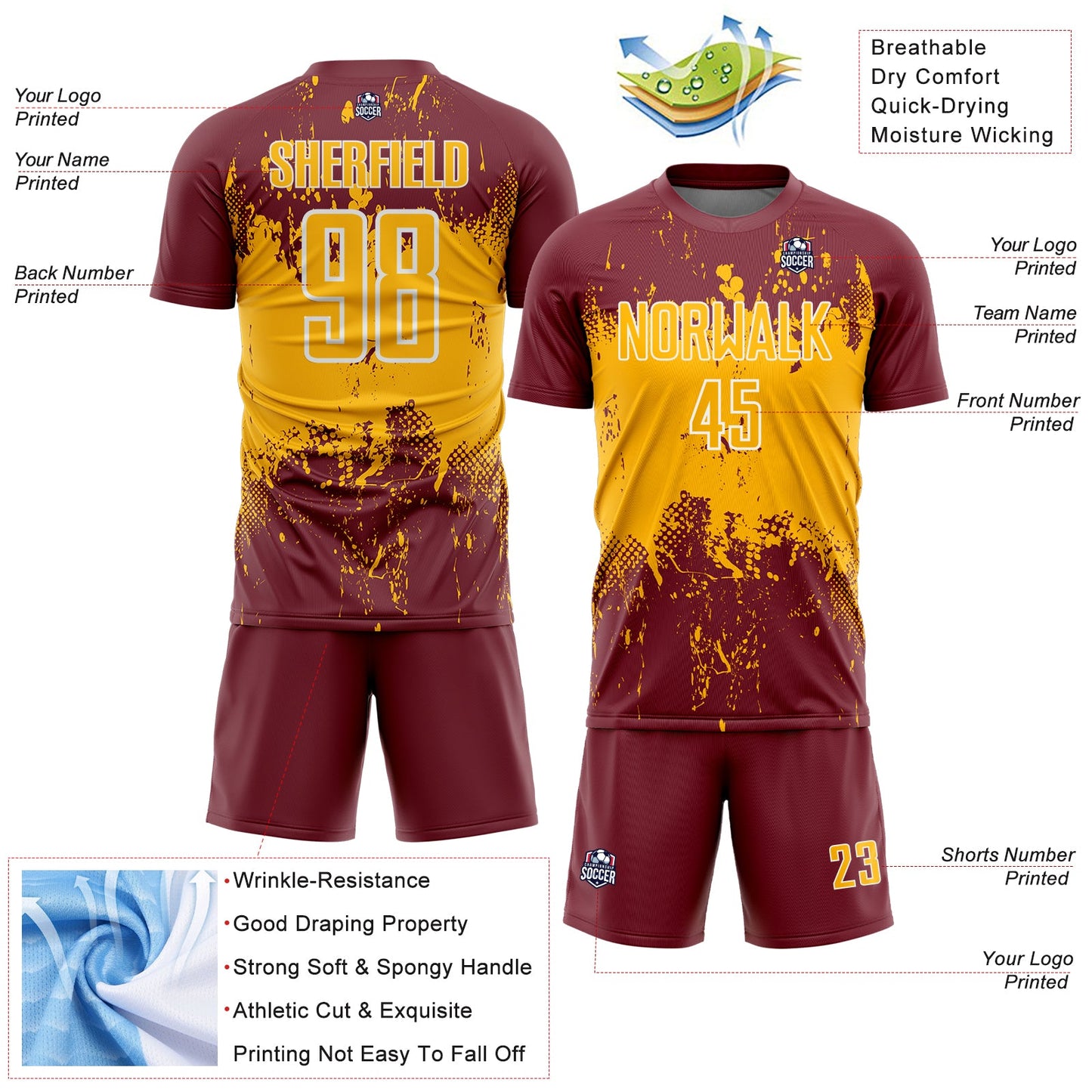 Custom Burgundy Gold-White Abstract Splatter Grunge Art Sports Sublimation Soccer Uniform Jersey view 4