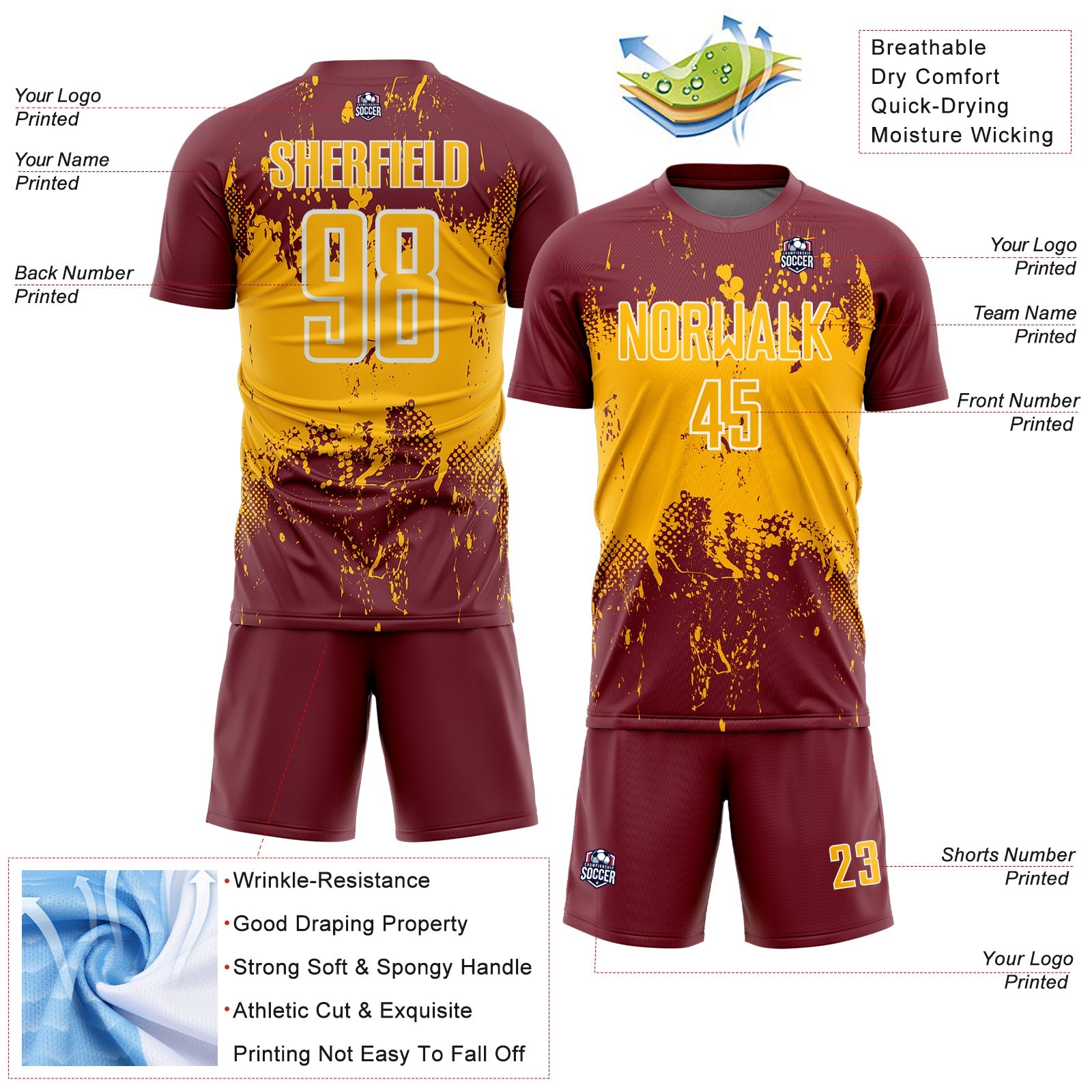 Custom Burgundy Gold-White Abstract Splatter Grunge Art Sports Sublimation Soccer Uniform Jersey view 4