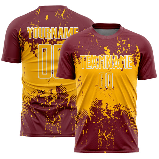 Custom Burgundy Gold-White Abstract Splatter Grunge Art Sports Sublimation Soccer Uniform Jersey - Main View
