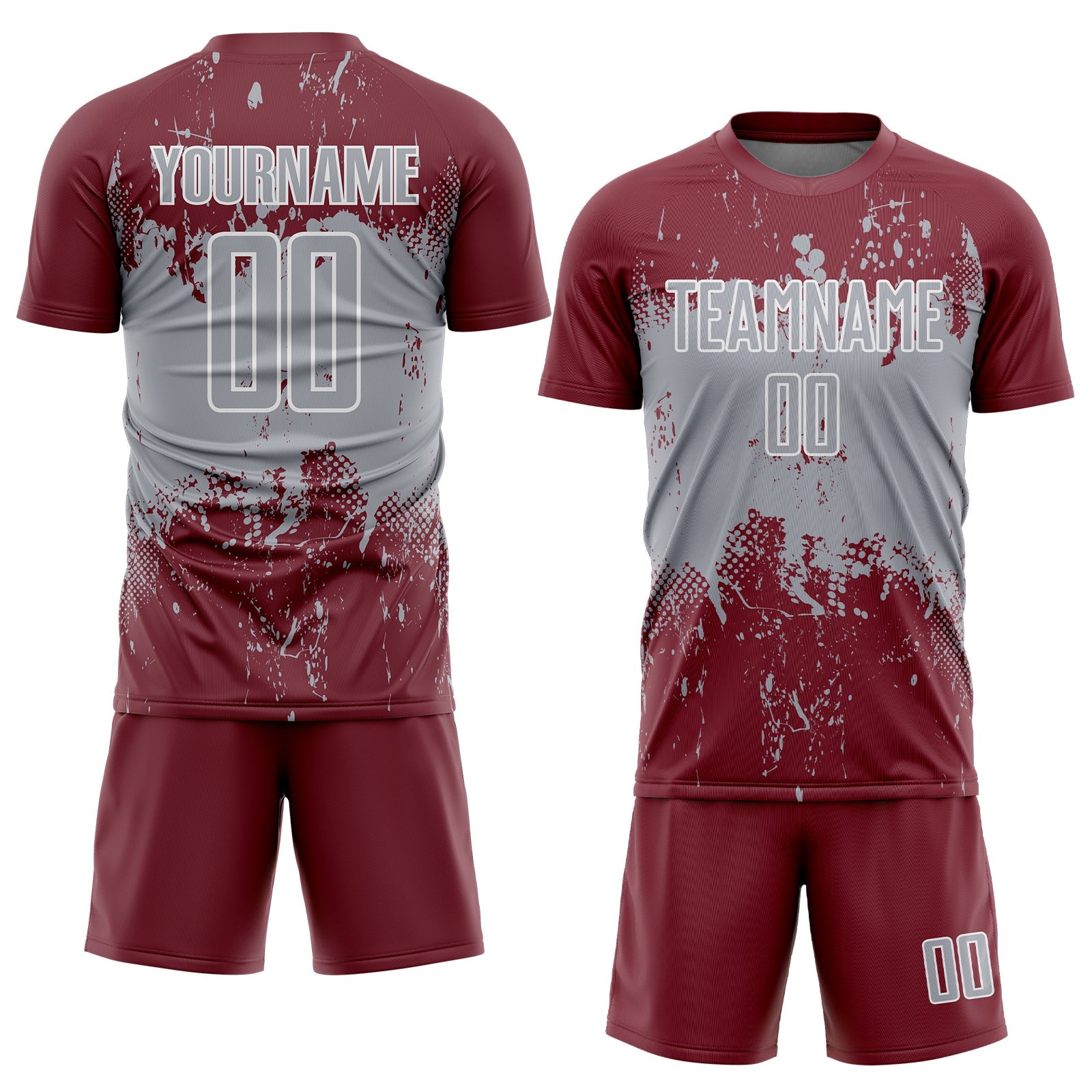 Custom Burgundy Gray-White Abstract Splatter Grunge Art Sports Sublimation Soccer Uniform Jersey view 2