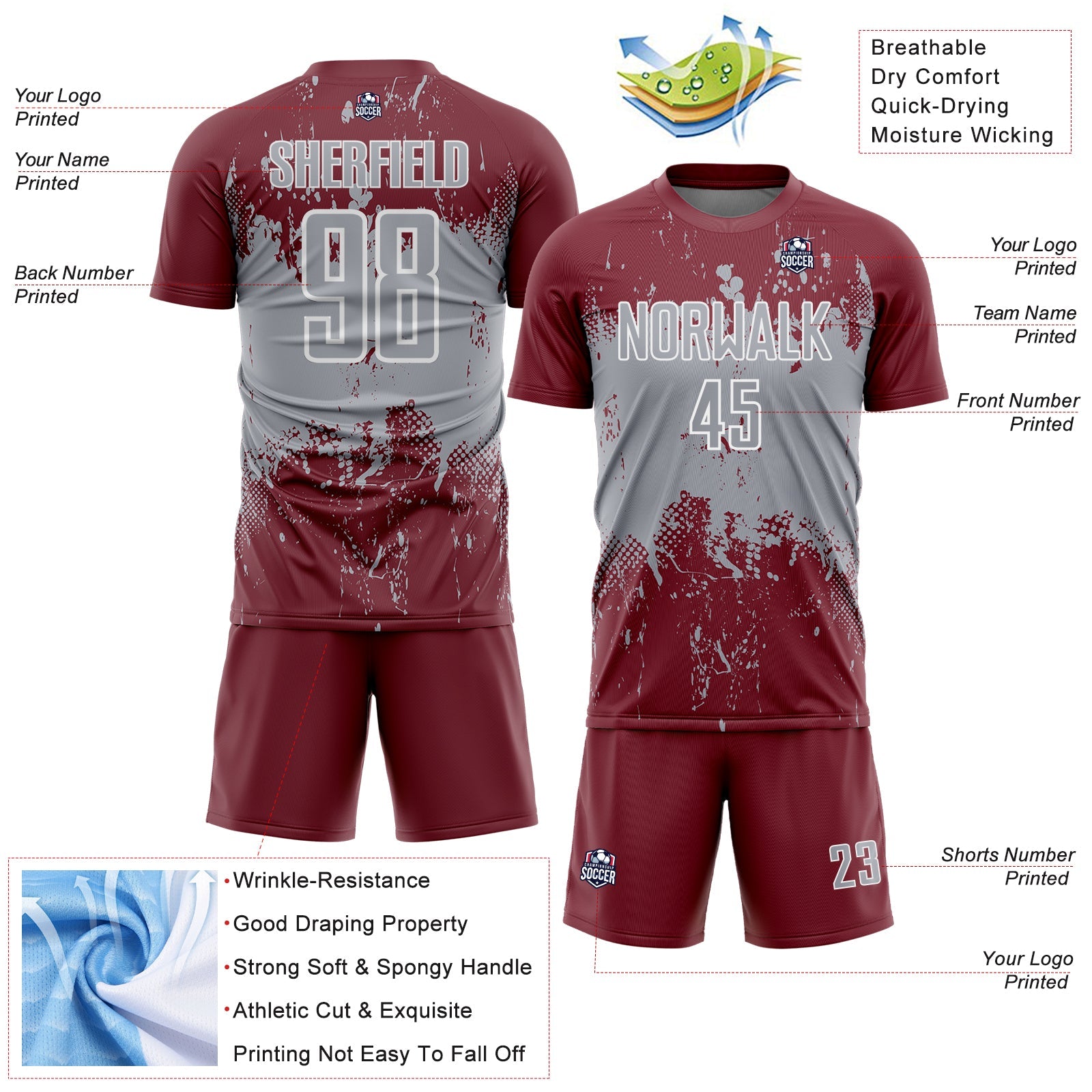 Custom Burgundy Gray-White Abstract Splatter Grunge Art Sports Sublimation Soccer Uniform Jersey view 4