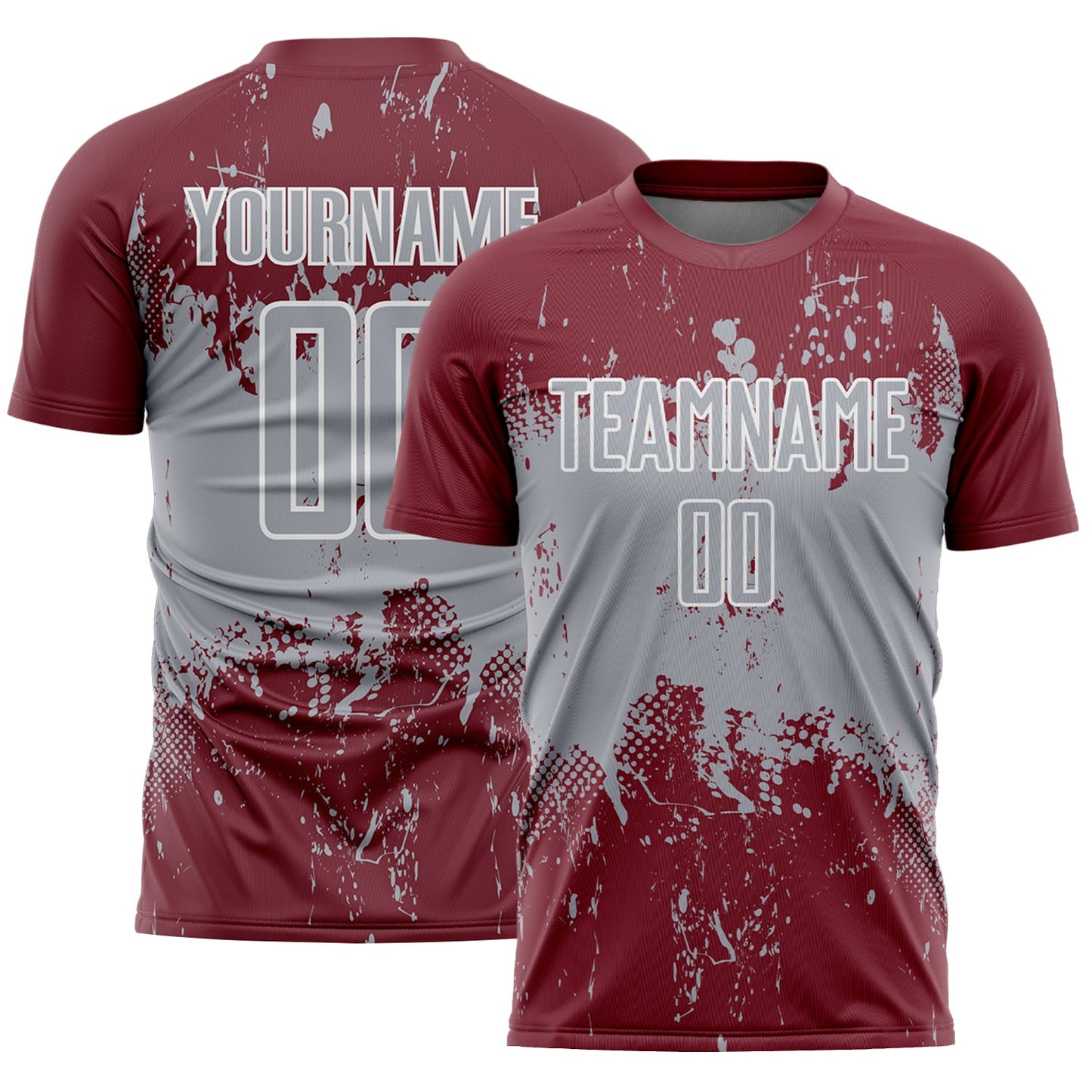 Custom Burgundy Gray-White Abstract Splatter Grunge Art Sports Sublimation Soccer Uniform Jersey - Main View