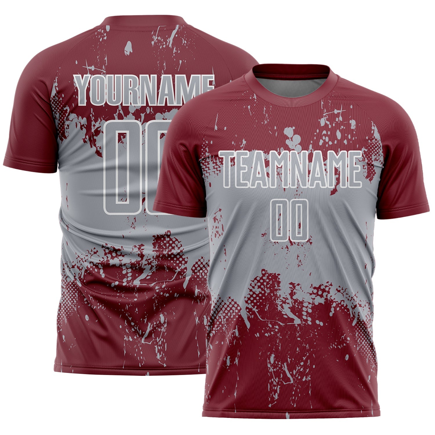 Custom Burgundy Gray-White Abstract Splatter Grunge Art Sports Sublimation Soccer Uniform Jersey - Main View