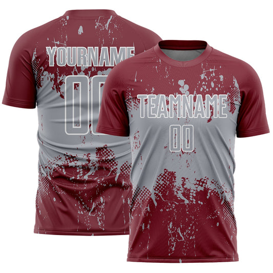 Custom Burgundy Gray-White Abstract Splatter Grunge Art Sports Sublimation Soccer Uniform Jersey - Main View