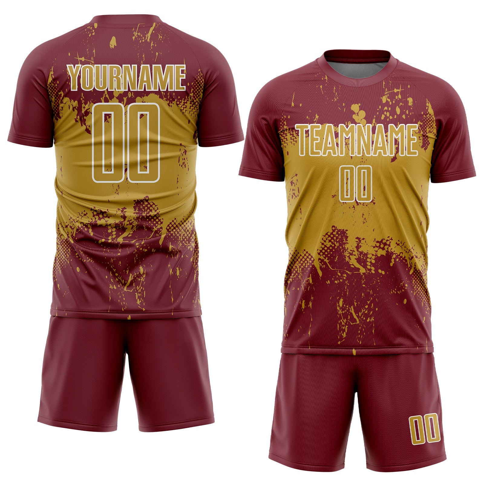 Custom Burgundy Old Gold-White Abstract Splatter Grunge Art Sports Sublimation Soccer Uniform Jersey view 2