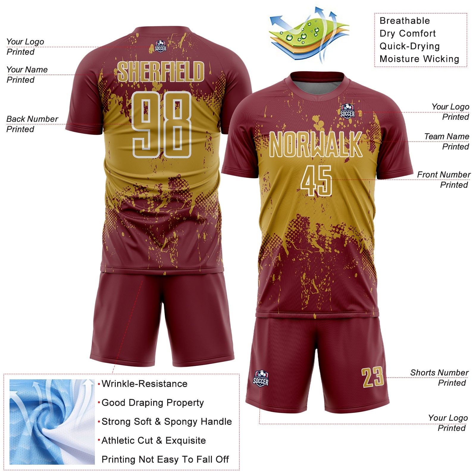 Custom Burgundy Old Gold-White Abstract Splatter Grunge Art Sports Sublimation Soccer Uniform Jersey view 4