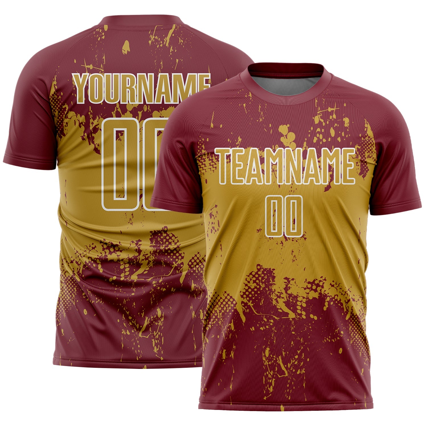 Custom Burgundy Old Gold-White Abstract Splatter Grunge Art Sports Sublimation Soccer Uniform Jersey - Main View