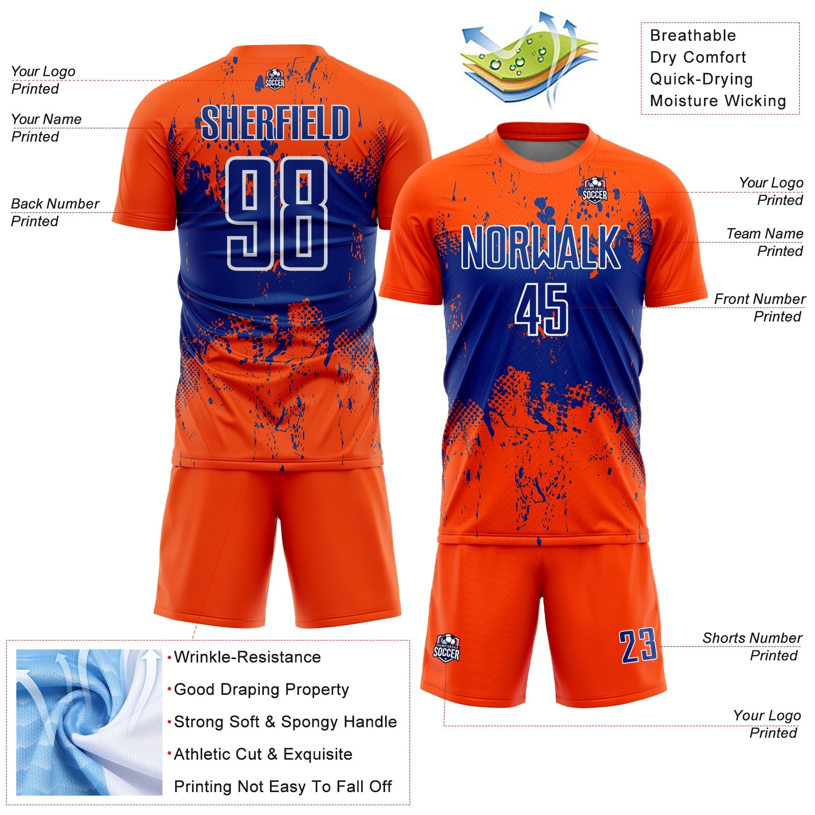 Custom Orange Royal-White Abstract Splatter Grunge Art Sports Sublimation Soccer Uniform Jersey view 4