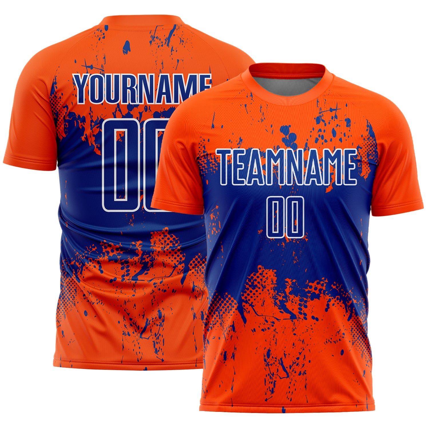 Custom Orange Royal-White Abstract Splatter Grunge Art Sports Sublimation Soccer Uniform Jersey - Main View