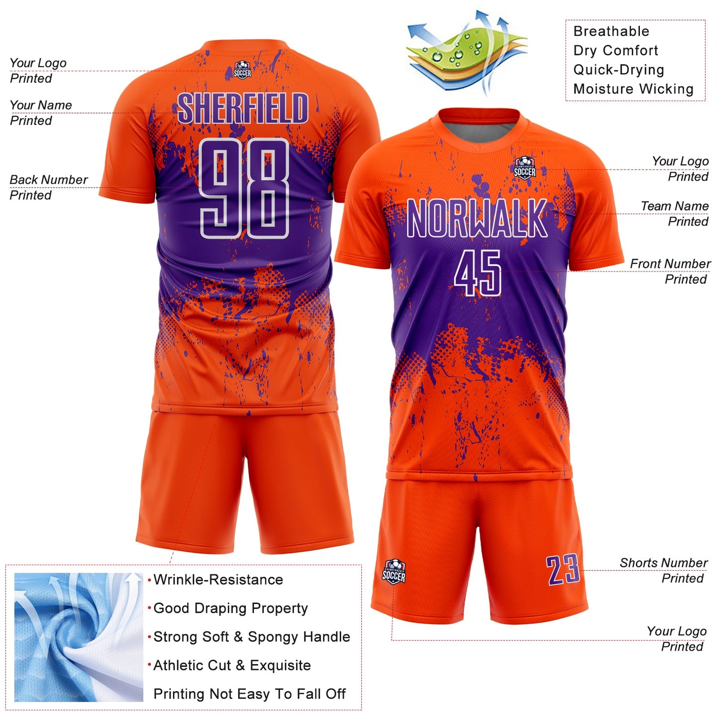 Custom Orange Purple-White Abstract Splatter Grunge Art Sports Sublimation Soccer Uniform Jersey view 4