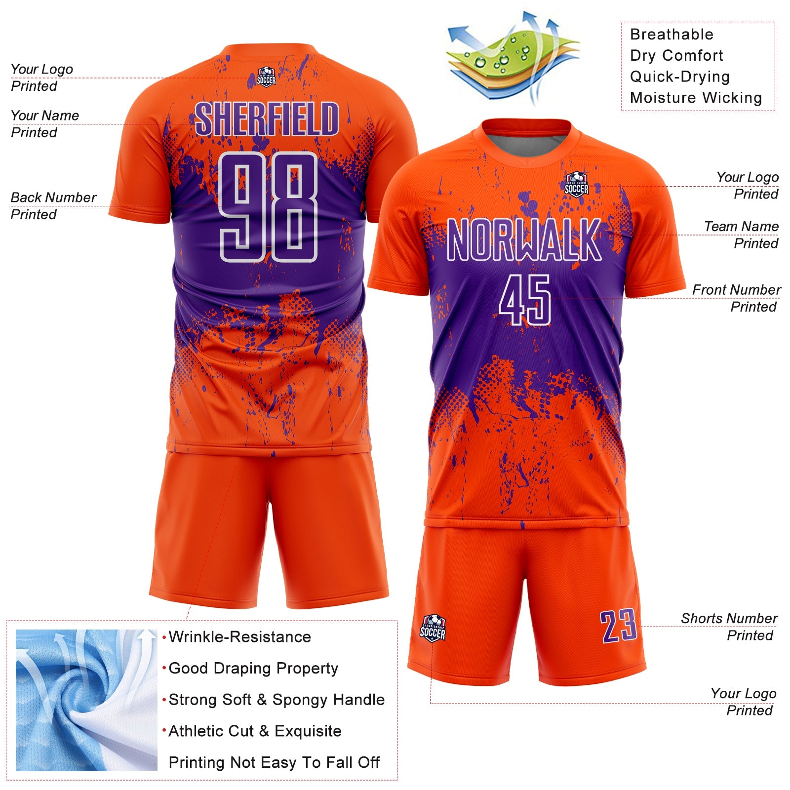 Custom Orange Purple-White Abstract Splatter Grunge Art Sports Sublimation Soccer Uniform Jersey view 4