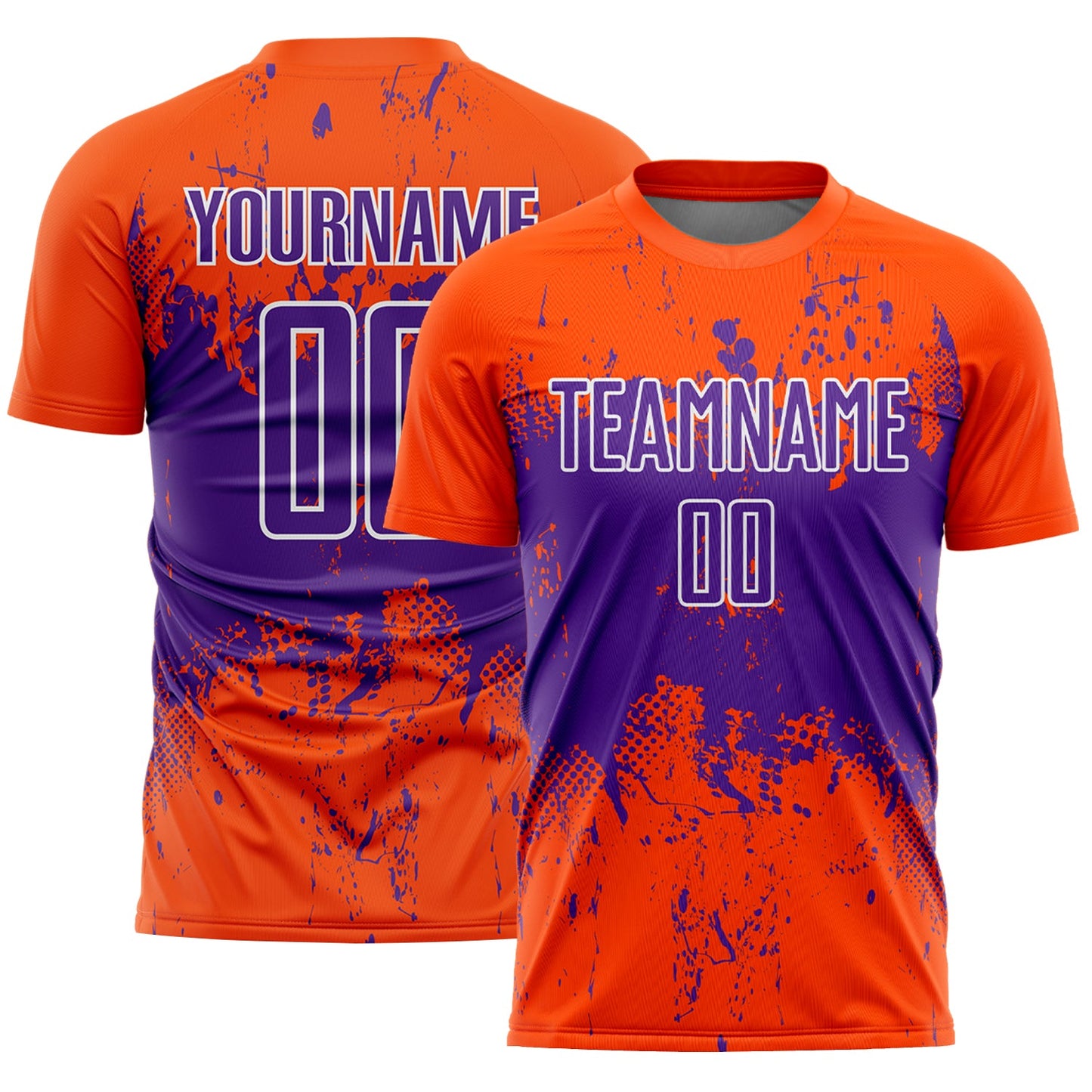Custom Orange Purple-White Abstract Splatter Grunge Art Sports Sublimation Soccer Uniform Jersey - Main View