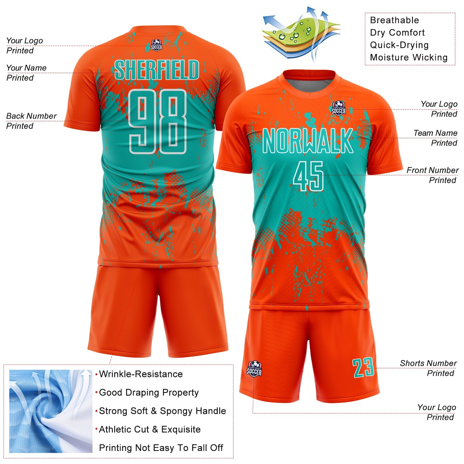 Custom Orange Aqua-White Abstract Splatter Grunge Art Sports Sublimation Soccer Uniform Jersey view 4