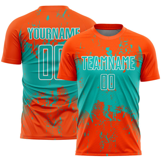 Custom Orange Aqua-White Abstract Splatter Grunge Art Sports Sublimation Soccer Uniform Jersey - Main View