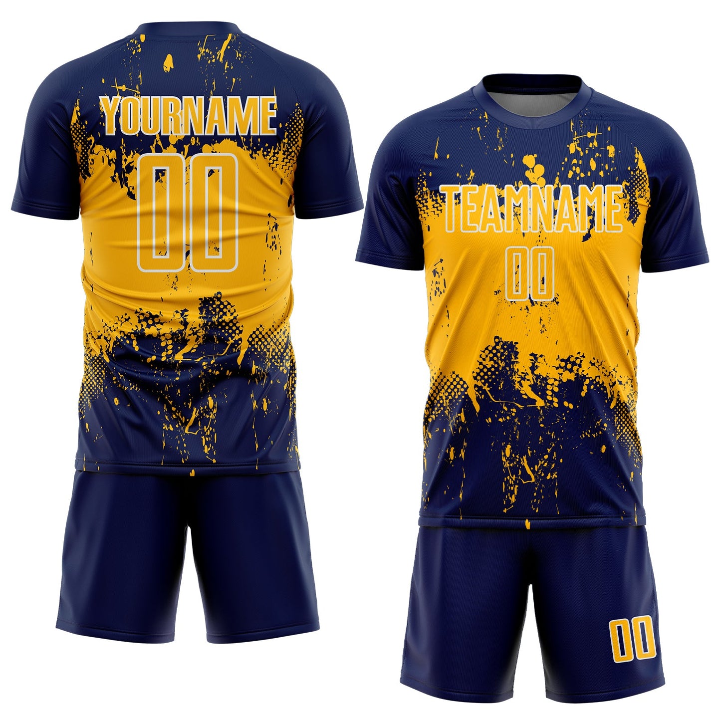 Custom Navy Gold-White Abstract Splatter Grunge Art Sports Sublimation Soccer Uniform Jersey view 2