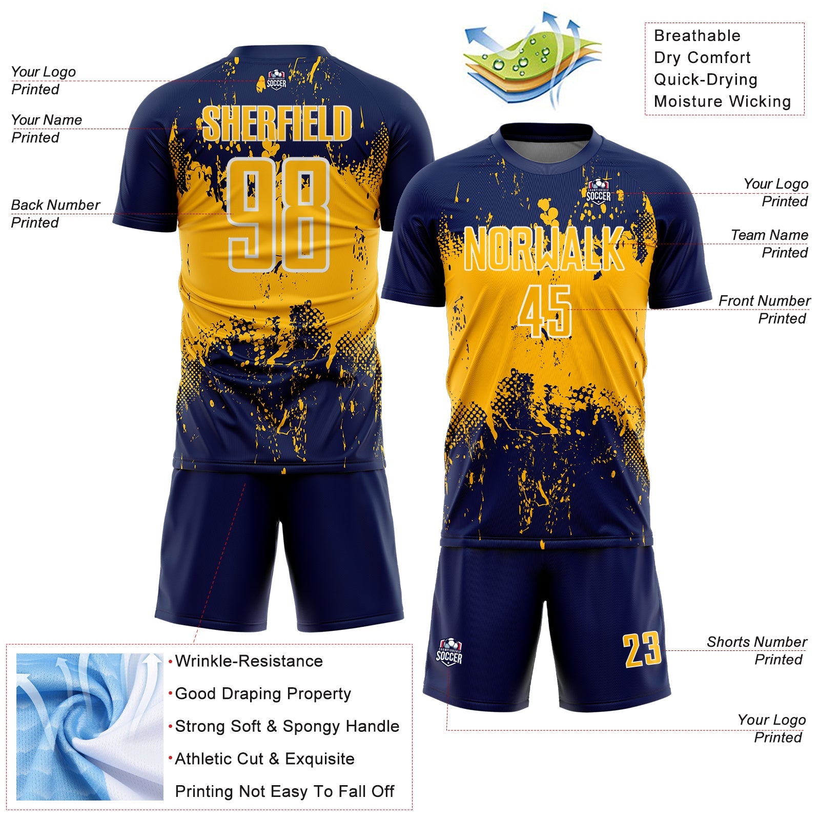Custom Navy Gold-White Abstract Splatter Grunge Art Sports Sublimation Soccer Uniform Jersey view 4