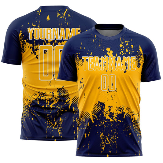 Custom Navy Gold-White Abstract Splatter Grunge Art Sports Sublimation Soccer Uniform Jersey - Main View