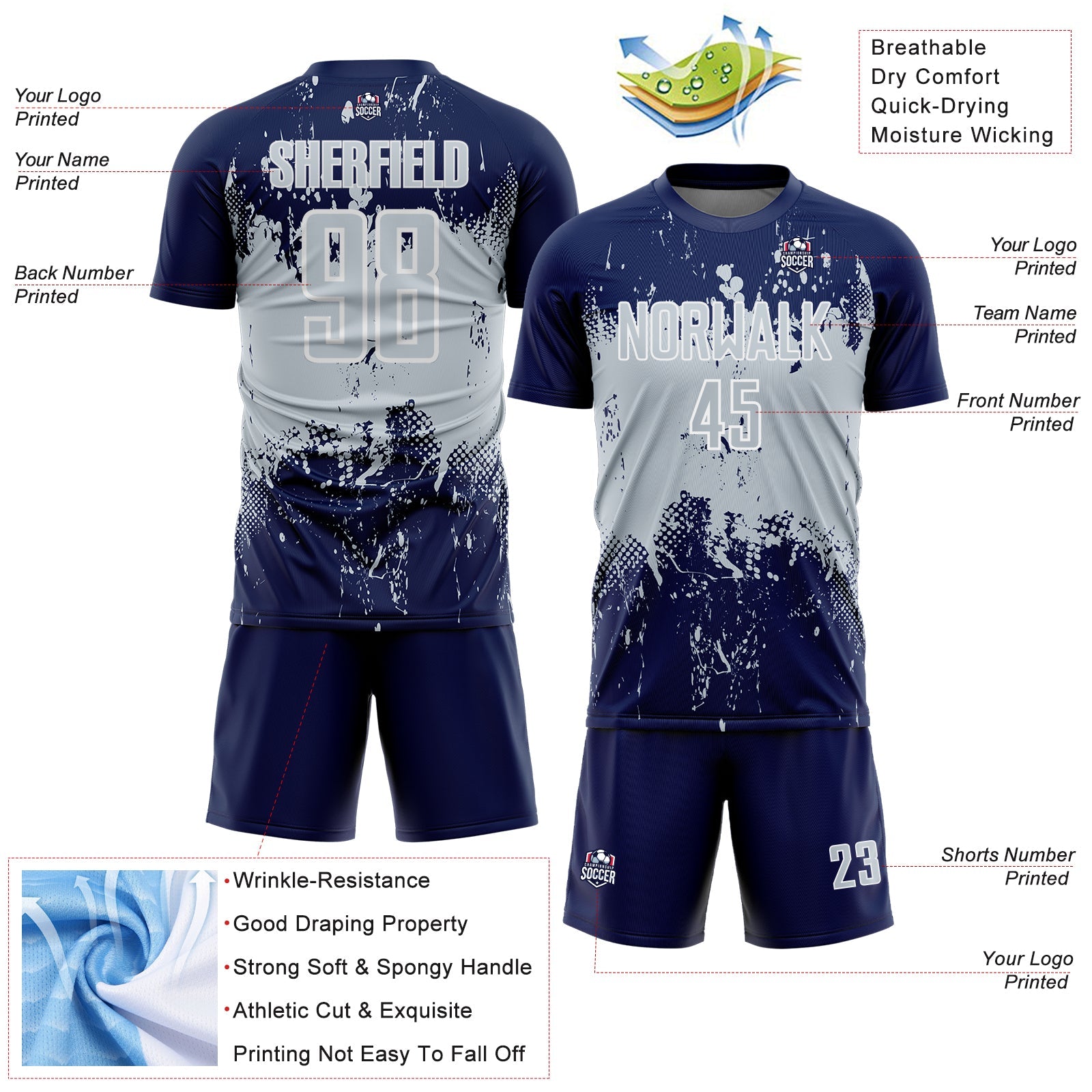 Custom Navy Silver-White Abstract Splatter Grunge Art Sports Sublimation Soccer Uniform Jersey view 4