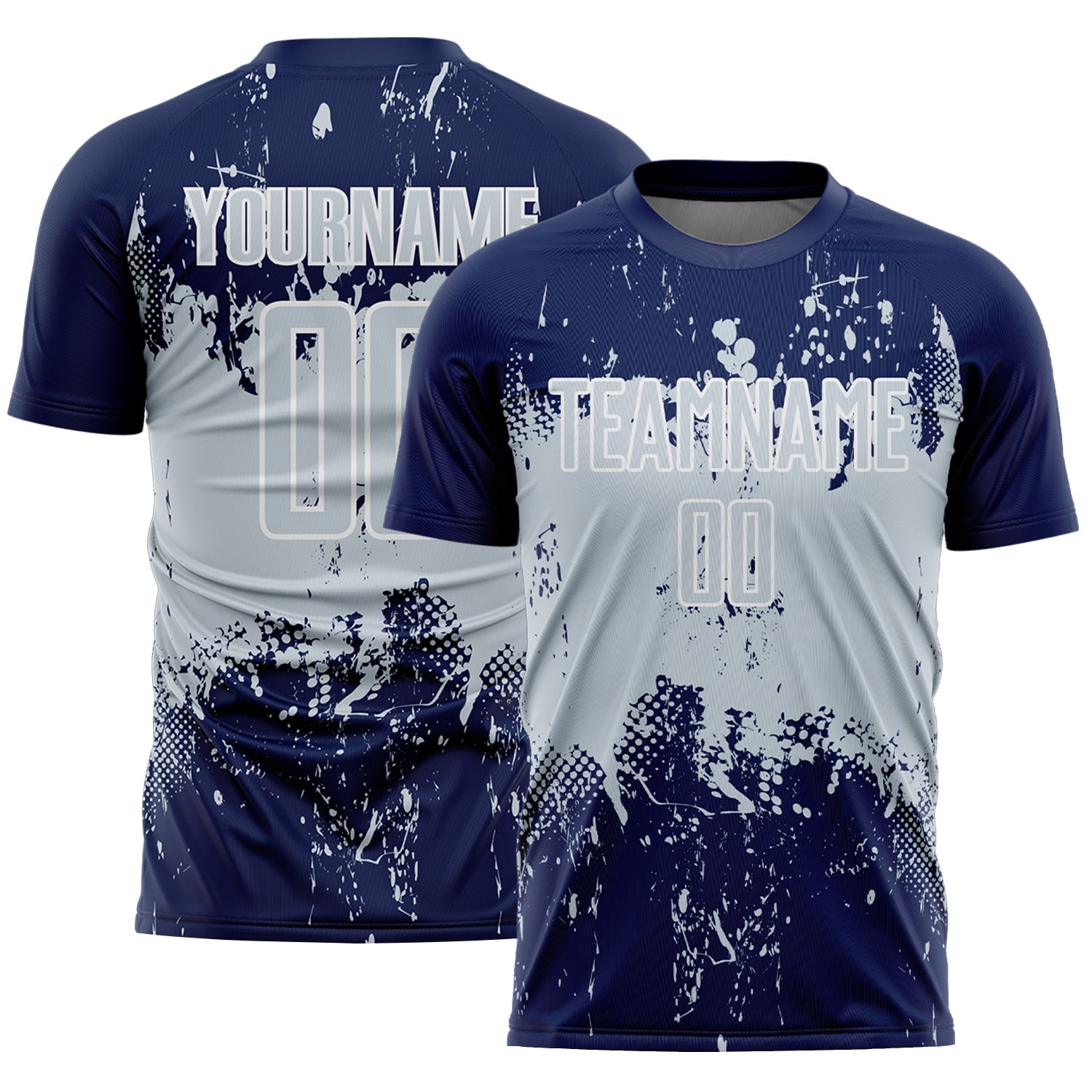 Custom Navy Silver-White Abstract Splatter Grunge Art Sports Sublimation Soccer Uniform Jersey - Main View