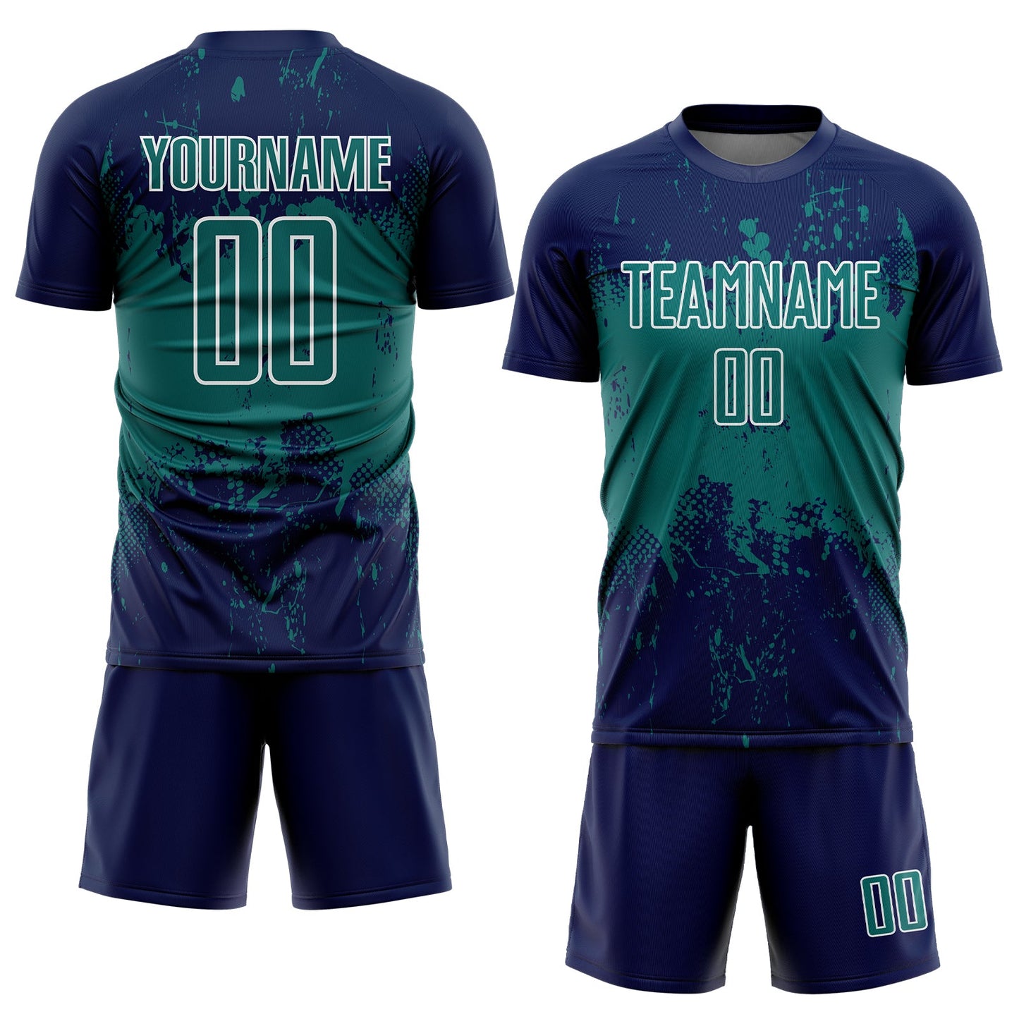 Custom Navy Teal-White Abstract Splatter Grunge Art Sports Sublimation Soccer Uniform Jersey view 2