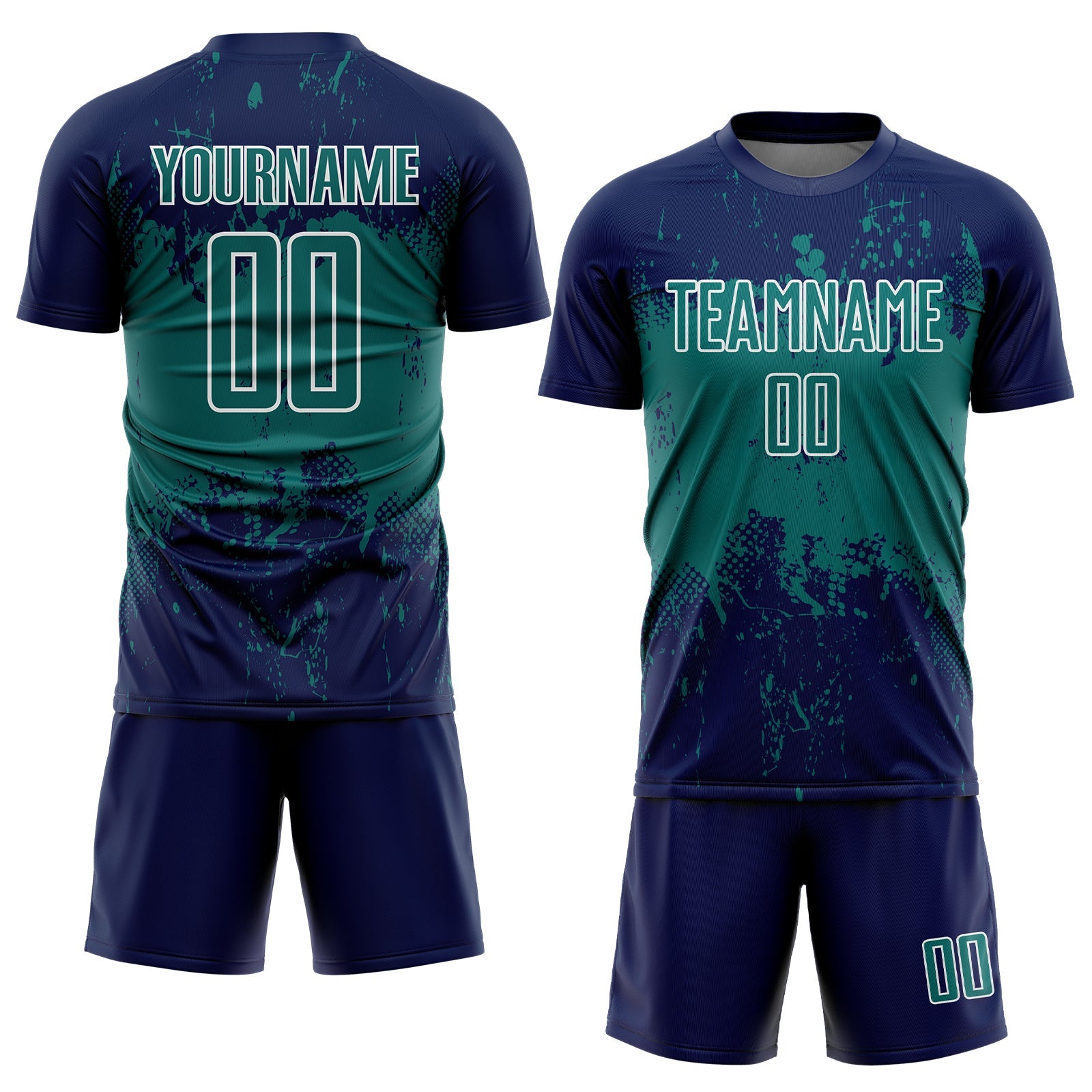 Custom Navy Teal-White Abstract Splatter Grunge Art Sports Sublimation Soccer Uniform Jersey view 2