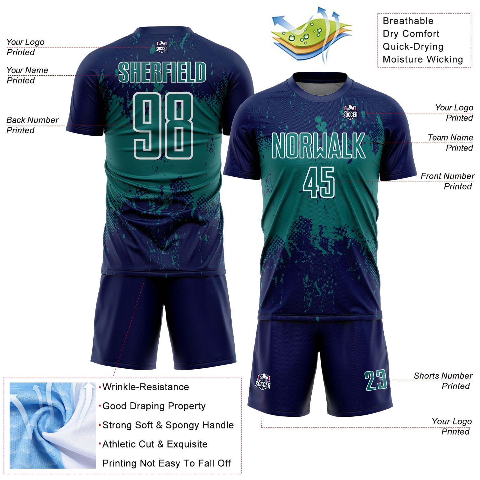 Custom Navy Teal-White Abstract Splatter Grunge Art Sports Sublimation Soccer Uniform Jersey view 4
